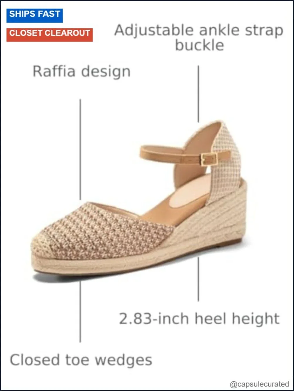 Women's Espadrille Wedge Sandals Raffia Closed Toe Ankle Strap